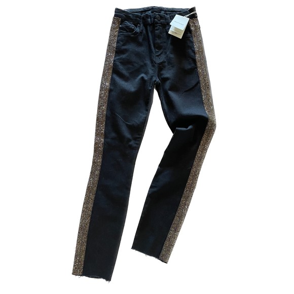 MOTHER New Looker Ankle Black Guilty Flash Jeans w/Tuxedo Beaded Stripe, Size 24 - Picture 1 of 16